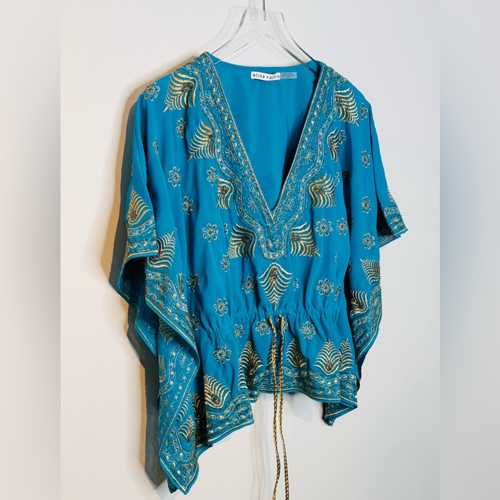 Alice + Olivia Sharita Blue Green Teal Gold Embroidered Drawstring Top Blouse - Picture 6 of 15